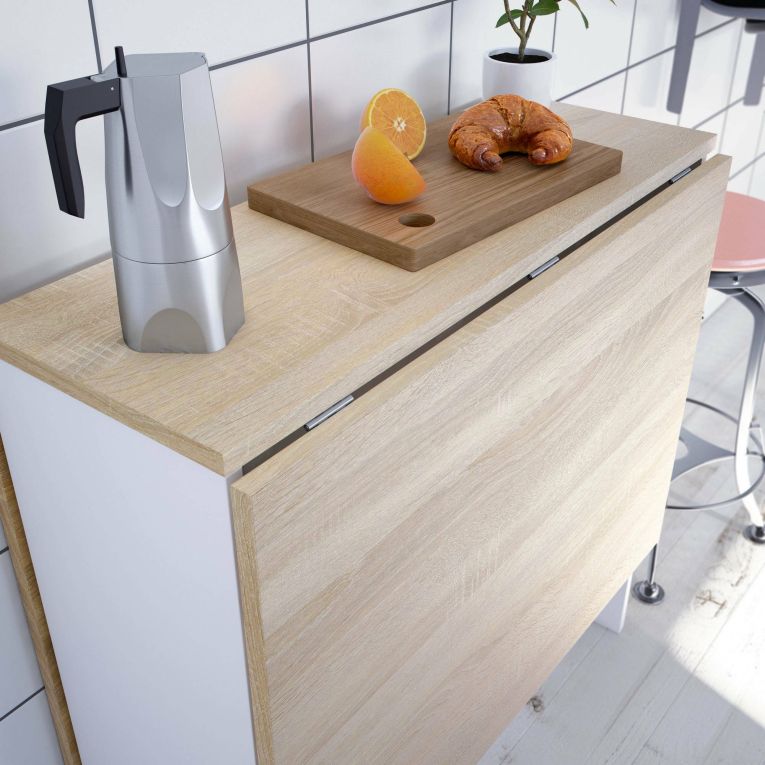 Tavolo allungabile Toledo, Tavolo da pranzo pieghevole con piano abbattibile, Tavolo ausiliario richiudibile, 31x77h78 cm, Bianco e Rovere