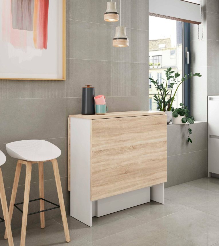 Tavolo allungabile Toledo, Tavolo da pranzo pieghevole con piano abbattibile, Tavolo ausiliario richiudibile, 31x77h78 cm, Bianco e Rovere