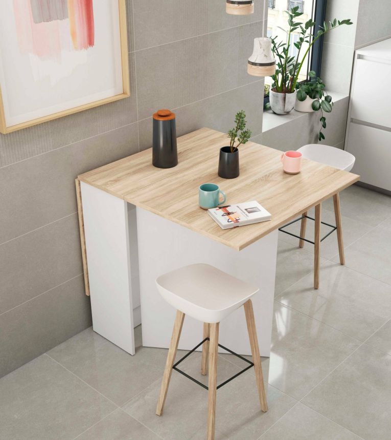 Tavolo allungabile Toledo, Tavolo da pranzo pieghevole con piano abbattibile, Tavolo ausiliario richiudibile, 31x77h78 cm, Bianco e Rovere
