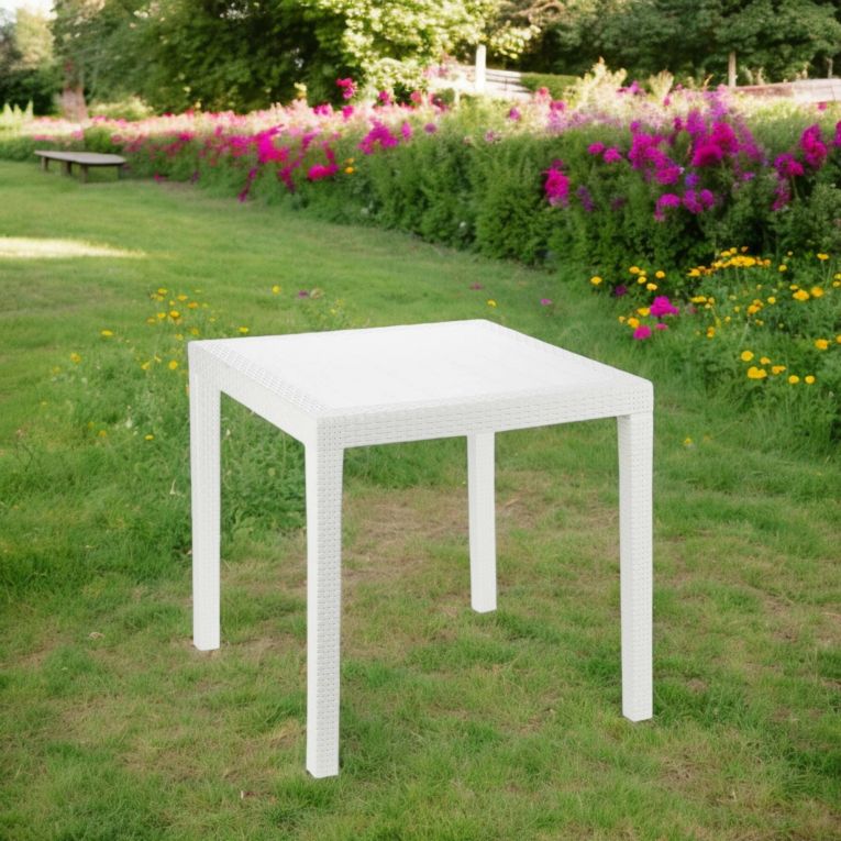 Tavolo da esterno Agrigento, Tavolo quadrato da giardino, Tavolino fisso effetto rattan, 100% Made in Italy, 80x80h72 cm, Bianco