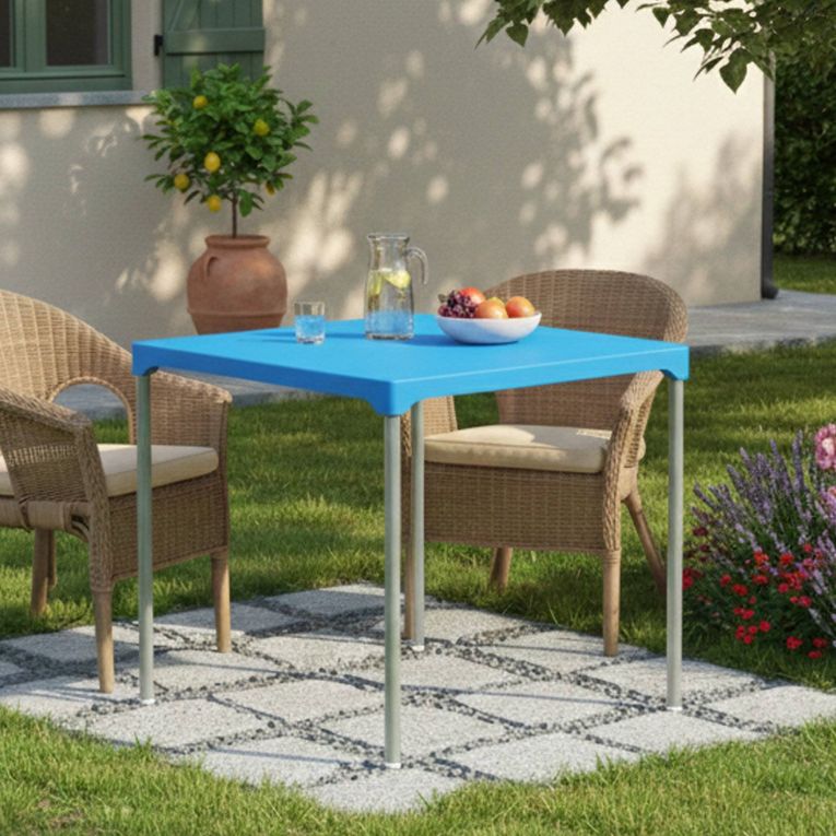 Tavolo da Esterno Azzurro 4 Posti Tavolo Tavolo Fisso Quadrato 75x75x72h cm, Lunghezza Massima 75 cm Made in Italy - Brownstown