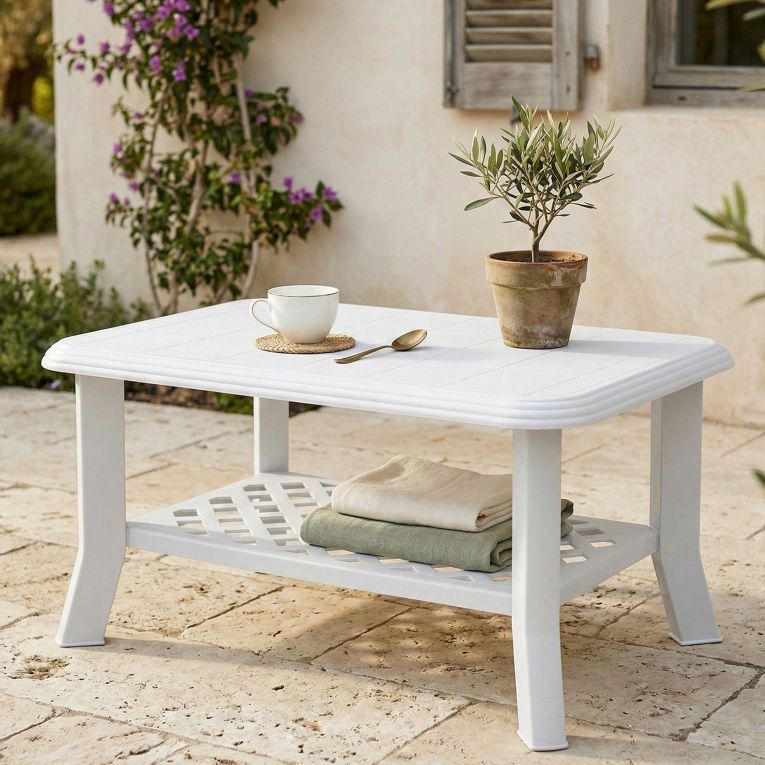 Tavolo da Esterno Bianco 4 Posti Tavolo Tavolino 90x60x46h cm, Forma Rettangolare