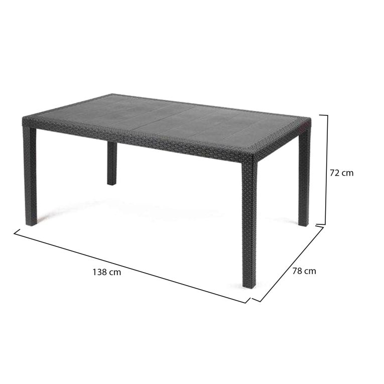 Tavolo da esterno Imola, Tavolo fisso rettangolare, Tavolo da giardino multiuso effetto rattan, 100% Made in Italy, 138x78h72 cm, Antracite