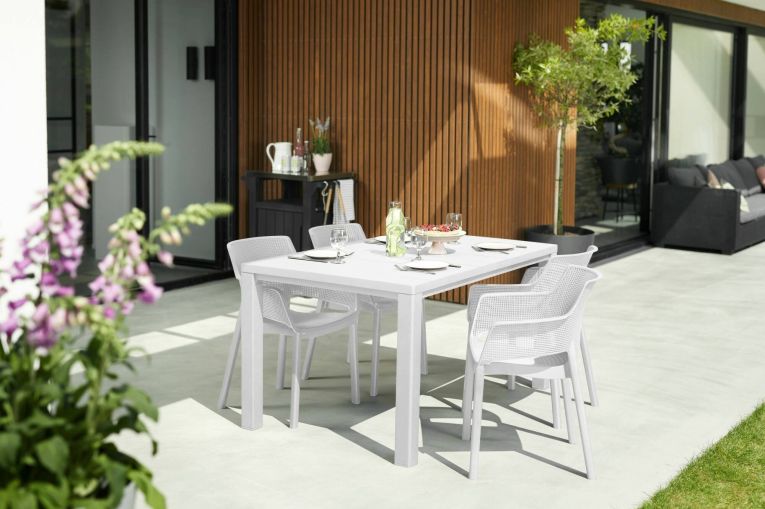 Tavolo da esterno Quiliano, Base per picnic, Piano da pranzo da giardino, Banco outdoor multiuso, 147x90 h75 cm, Bianco
