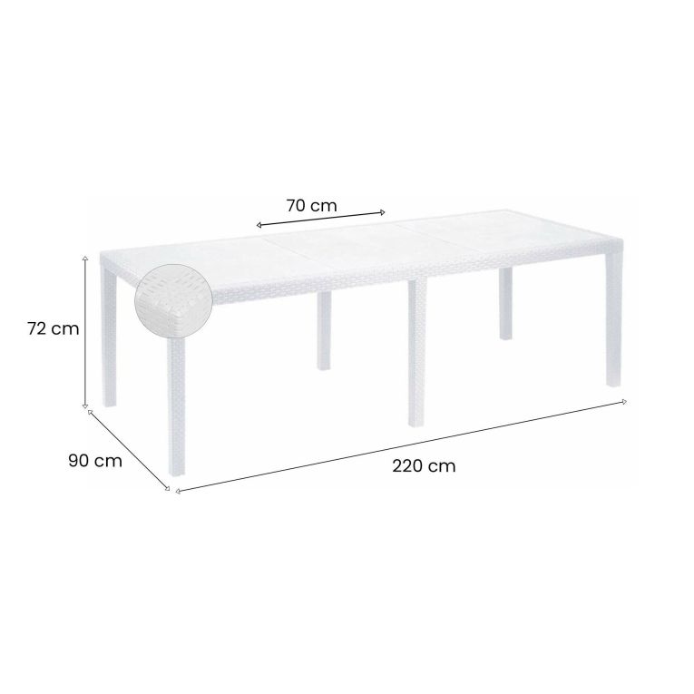 Tavolo da esterno Roma, Tavolo rettangolare allungabile da pranzo, Tavolo da giardino estensibile effetto rattan, 100% Made in Italy, 150-220x90h72 cm, Bianco
