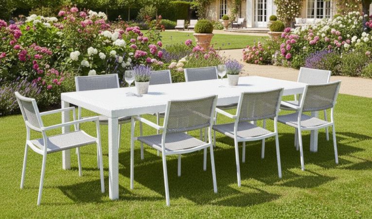 Tavolo da esterno Roma, Tavolo rettangolare allungabile da pranzo, Tavolo da giardino estensibile effetto rattan, 100% Made in Italy, 150-220x90h72 cm, Bianco
