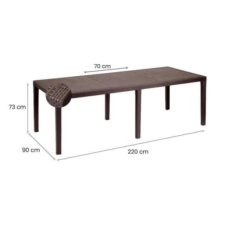 Tavolo da esterno Roma, Tavolo rettangolare allungabile da pranzo, Tavolo da giardino estensibile effetto rattan, 100% Made in Italy, 150-220x90h72 cm, Marrone