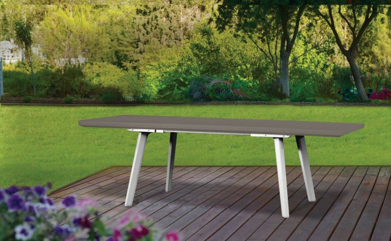 Tavolo da esterno Senago, Base per picnic, Piano da pranzo da giardino, Banco outdoor multiuso, 162x101 h77 cm, Bianco e Tortora