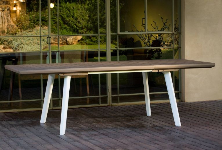 Tavolo da esterno Senago, Base per picnic, Piano da pranzo da giardino, Banco outdoor multiuso, 162x101 h77 cm, Bianco e Tortora
