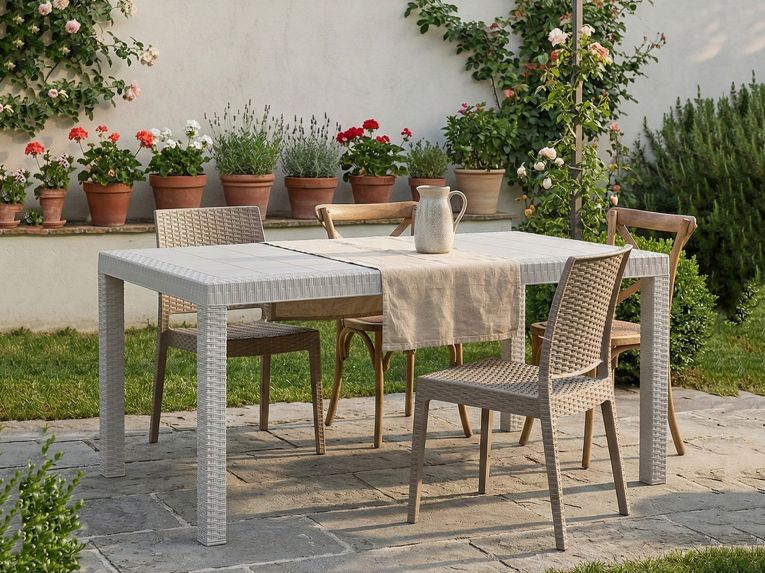 Tavolo da giardino effetto rattan 10 posti 150x90cm bianco - Adila