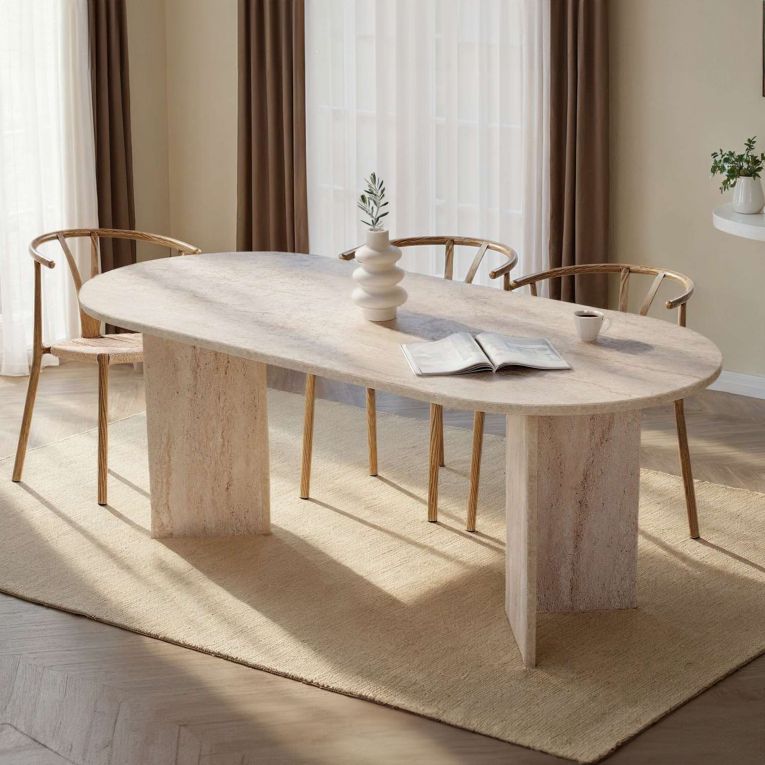 Tavolo Fisso Beige Marmo 6 Posti Forma Ovale 200x90x75h cm, Materiale Piano in Legno Nobilitato - Nofalota