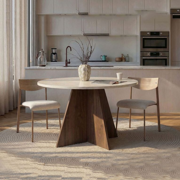 Tavolo Fisso Beige Marmo Marrone Noce 4 Posti Forma Rotondo 120x120x75h cm, Colore Ripiano Beige - Racale