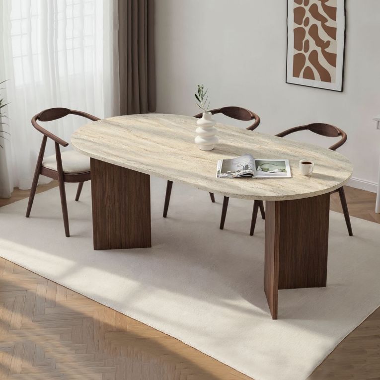 Tavolo Fisso Beige Marmo Marrone Noce 6 Posti Forma Ovale 180x90x75h cm, Colore Ripiano Beige - Monterano