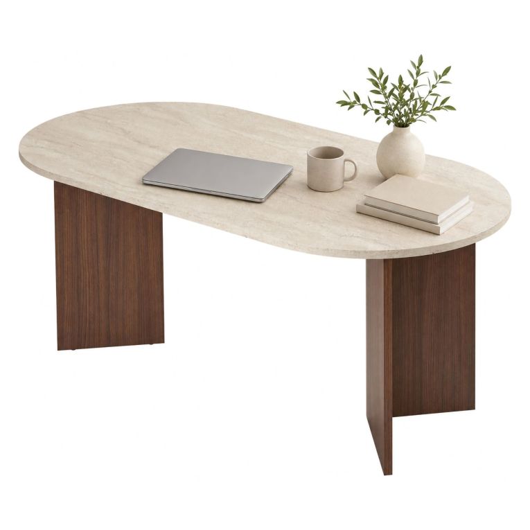 Tavolo Fisso Beige Marmo Marrone Noce 6 Posti Forma Ovale 180x90x75h cm, Colore Ripiano Beige - Monterano