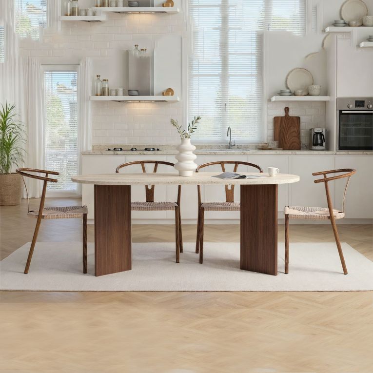 Tavolo Fisso Beige Marmo Marrone Noce 6 Posti Forma Ovale 180x90x75h cm, Colore Ripiano Beige - Monterano