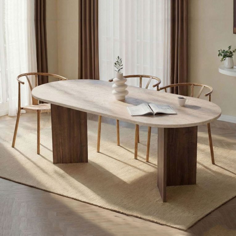 Tavolo Fisso Beige Marmo Marrone Noce 6 Posti Forma Ovale 200x90x75h cm, Colore Ripiano Beige - Nofalota