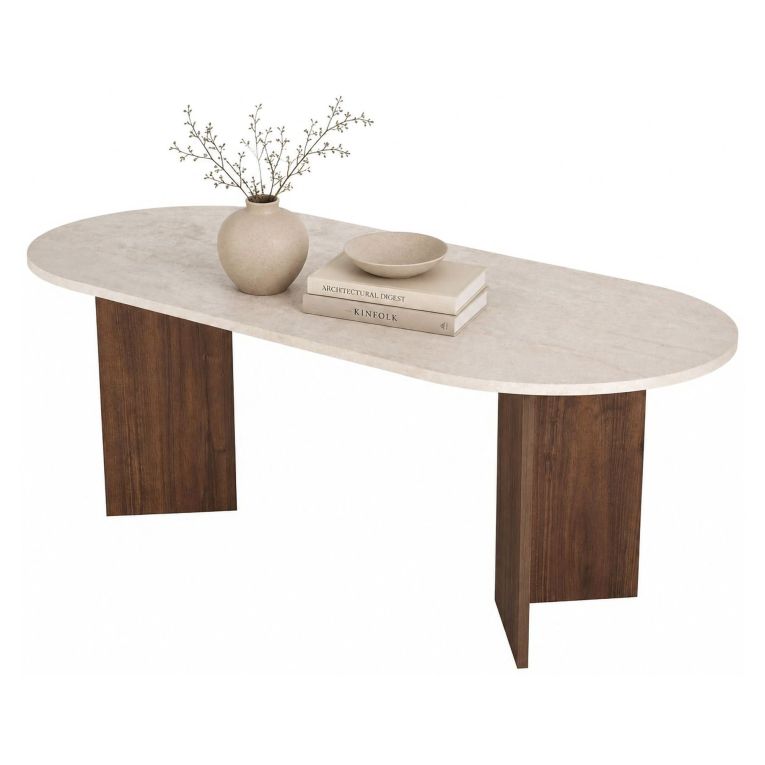 Tavolo Fisso Beige Marmo Marrone Noce 6 Posti Forma Ovale 200x90x75h cm, Colore Ripiano Beige - Nofalota