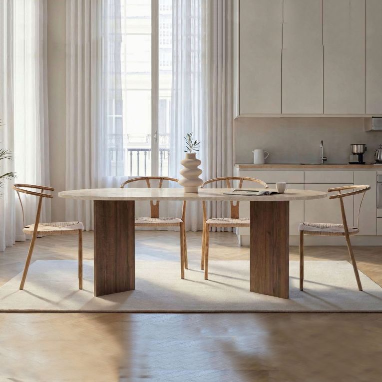 Tavolo Fisso Beige Marmo Marrone Noce 6 Posti Forma Ovale 200x90x75h cm, Colore Ripiano Beige - Nofalota