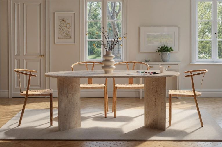 Tavolo Fisso Bianco Marmo 6 Posti Forma Ovale 180x89.5x75h cm, Peso Supportato 70 kg - Monterano