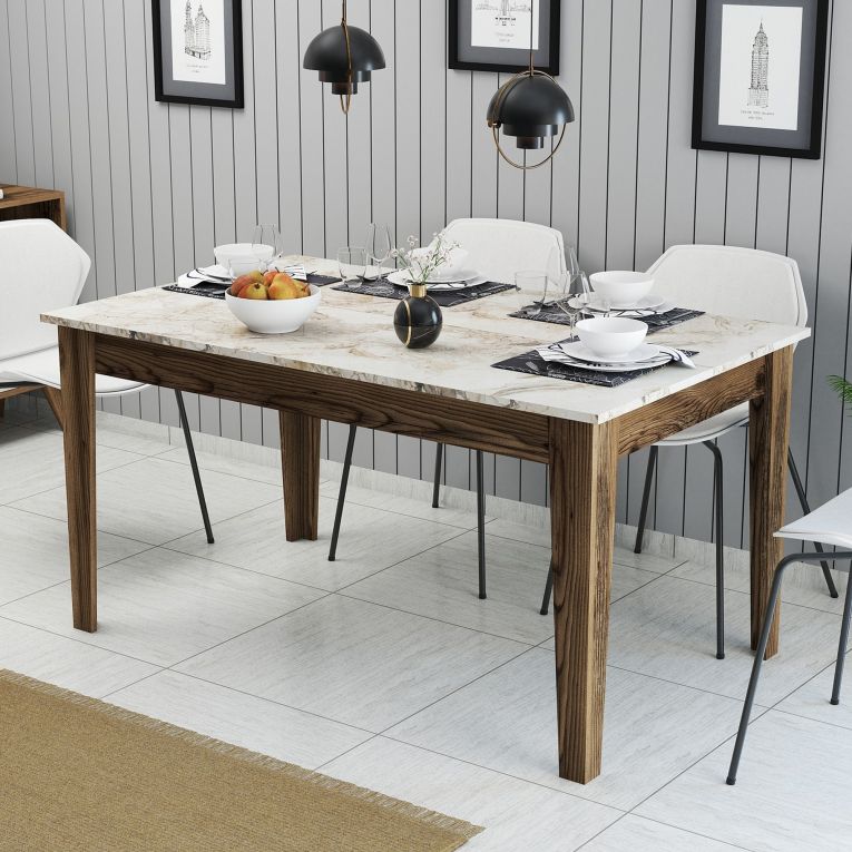 Tavolo Fisso Marrone Noce Bianco Marmo 6 Posti Forma Rettangolare 145x88x75h cm, Peso Supportato 120 kg - Viverone