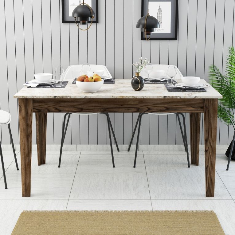 Tavolo Fisso Marrone Noce Bianco Marmo 6 Posti Forma Rettangolare 145x88x75h cm, Peso Supportato 120 kg - Viverone