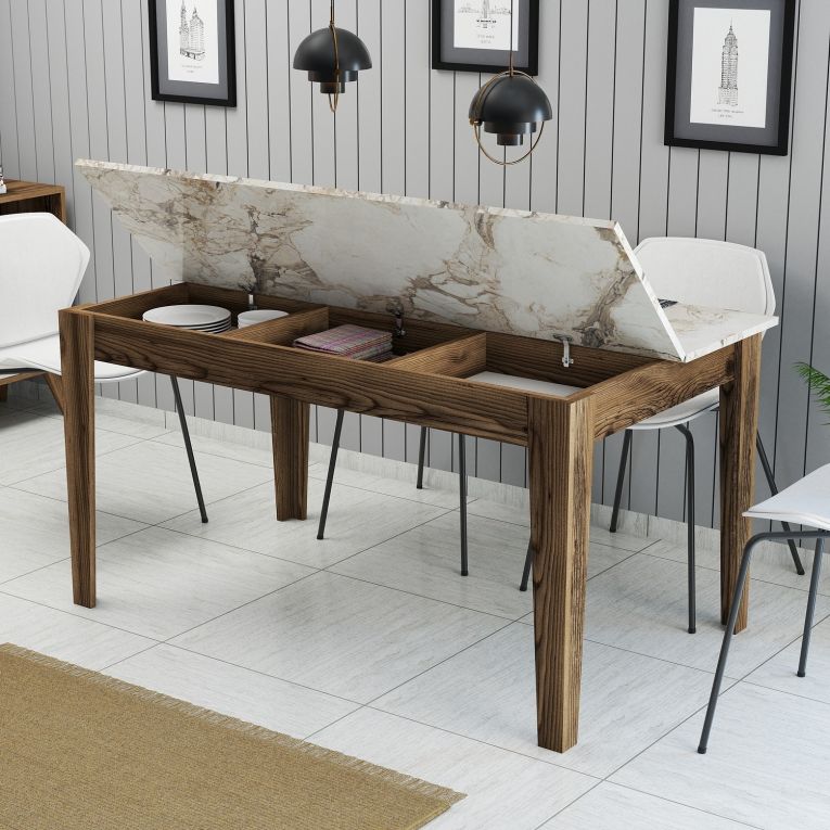 Tavolo Fisso Marrone Noce Bianco Marmo 6 Posti Forma Rettangolare 145x88x75h cm, Peso Supportato 120 kg - Viverone