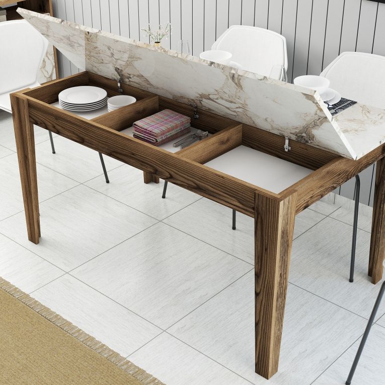 Tavolo Fisso Marrone Noce Bianco Marmo 6 Posti Forma Rettangolare 145x88x75h cm, Peso Supportato 120 kg - Viverone