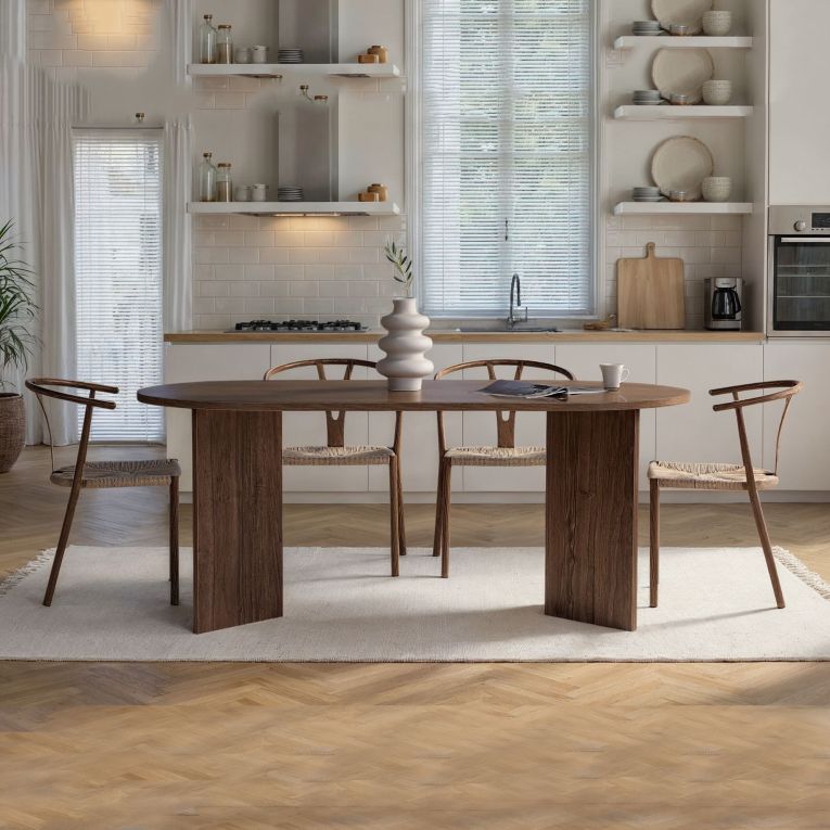 Tavolo Fisso Marrone Noce Scuro 6 Posti Forma Ovale 180x90x75h cm, Materiale Piano in Legno Nobilitato - Monterano