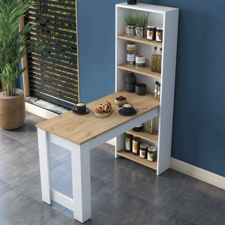 Tavolo rettangolare 5 posti con scaffale noce e bianco 120x53cm - Areneio