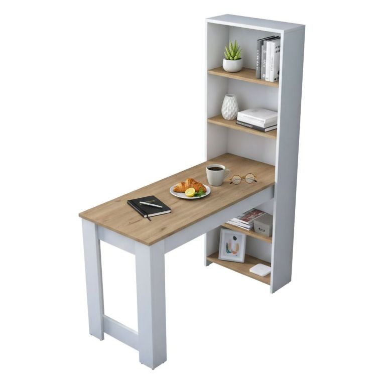 Tavolo rettangolare 5 posti con scaffale noce e bianco 120x53cm - Areneio