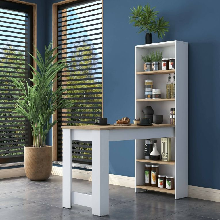 Tavolo rettangolare 5 posti con scaffale noce e bianco 120x53cm - Areneio