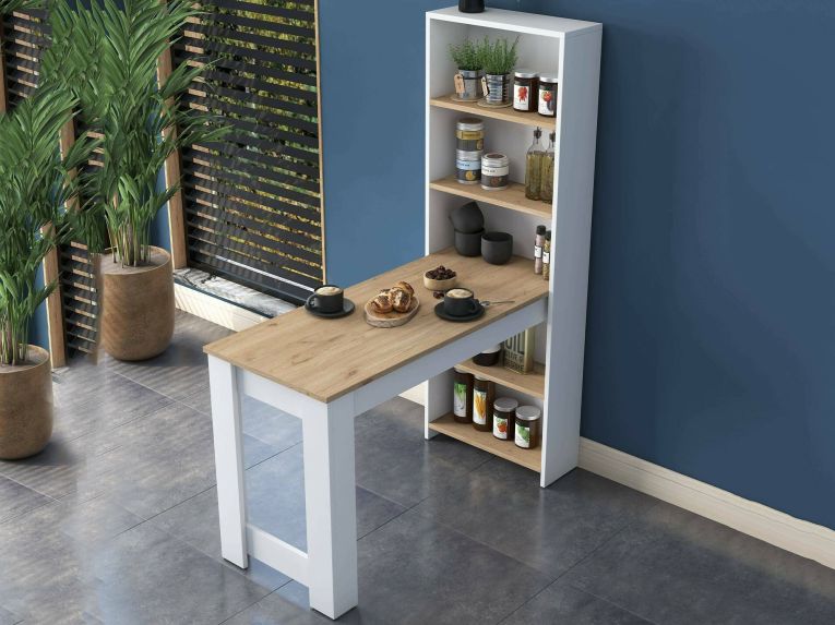 Tavolo rettangolare 5 posti con scaffale noce e bianco 120x53cm - Areneio