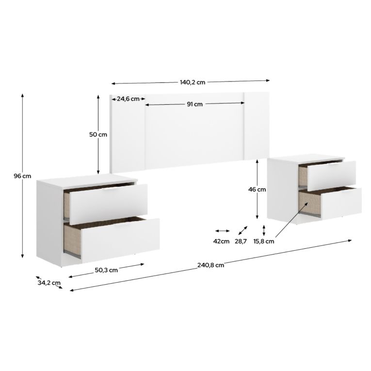 Testiera Letto Bianco Marrone Rovere 2 Comodini Inclusi Piazza e Mezza 34x237 cm, Colore Struttura Marrone - Carson