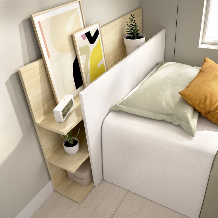 Testiera Letto Bianco Marrone Rovere Vani Libreria Singolo 19x105 cm, Colore Struttura Marrone - Minden