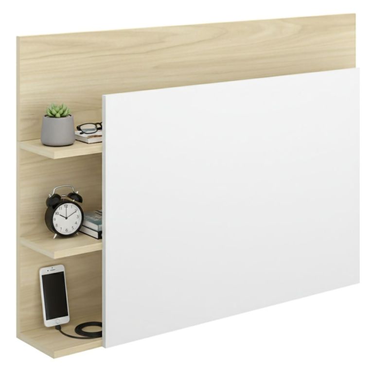 Testiera Letto Bianco Marrone Rovere Vani Libreria Singolo 19x105 cm, Colore Struttura Marrone - Minden
