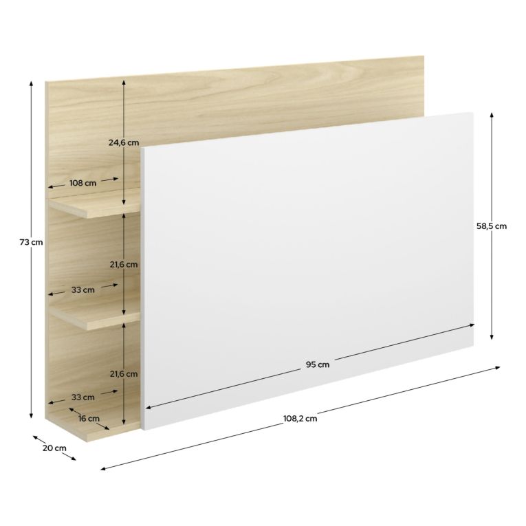Testiera Letto Bianco Marrone Rovere Vani Libreria Singolo 19x105 cm, Colore Struttura Marrone - Minden