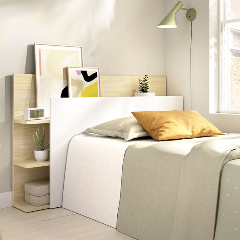 Testiera Letto Bianco Marrone Rovere Vani Libreria Singolo 19x105 cm, Colore Struttura Marrone - Minden