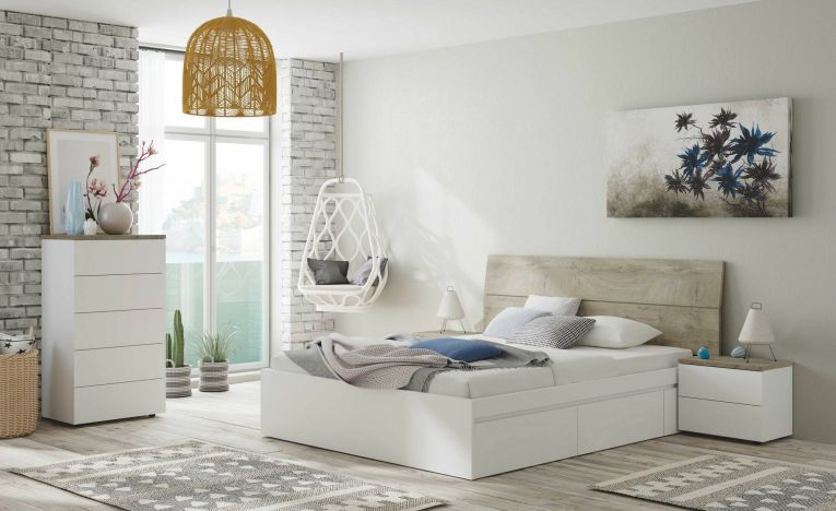 Testiera letto Coyle, Spalliera, Testata per camera da letto, Poggiatesta, 176x6 h54 cm, Bianco e Rovere