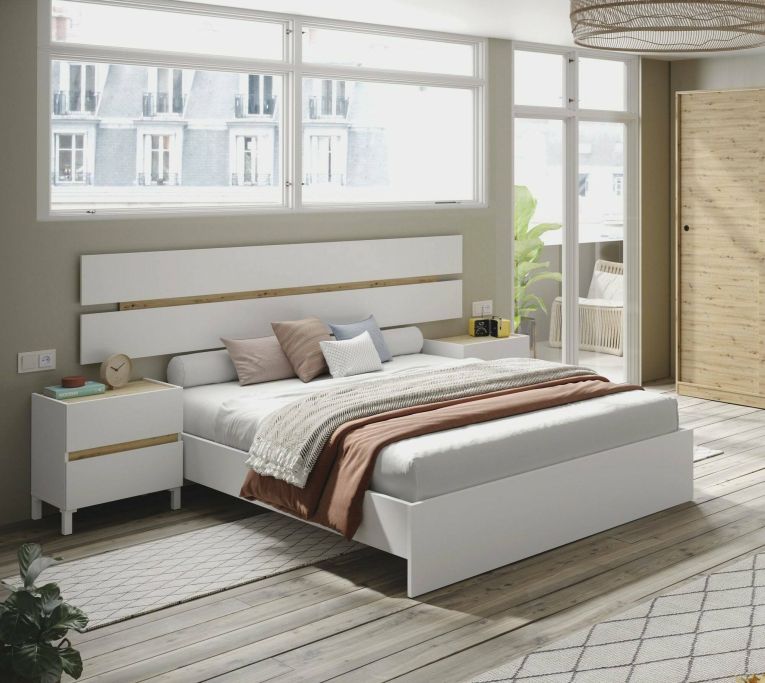 Testiera letto Nesika, Spalliera, Testata per camera da letto, Poggiatesta, 216x3 h47 cm, Bianco e Rovere Nodi