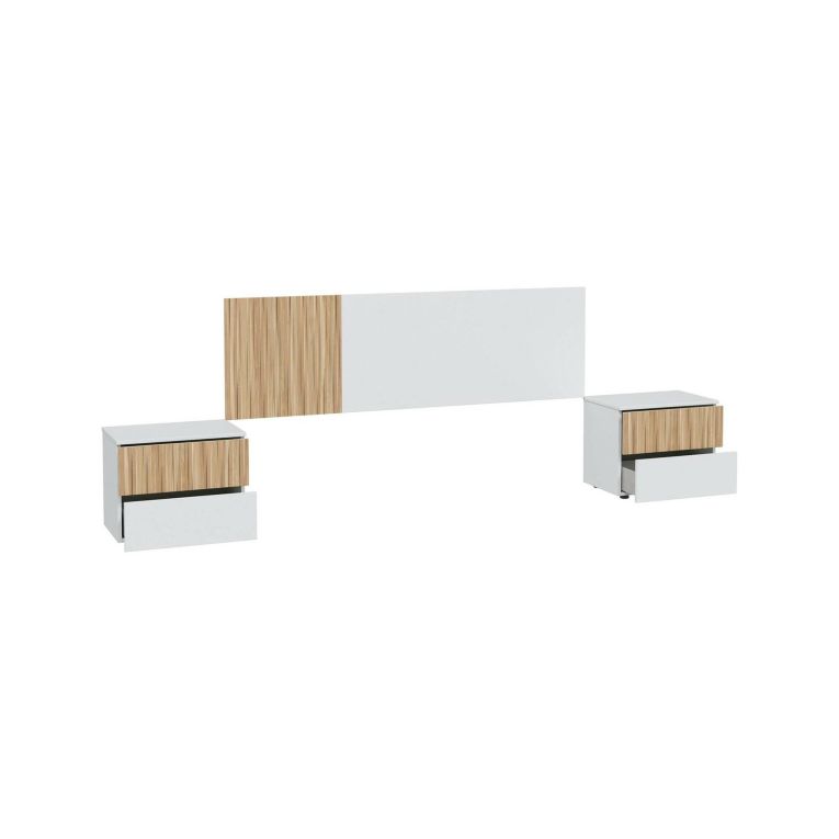 Testiera letto Yuma, Testata letto con 2 comodini, Set per camera da letto, 266x34h89 cm, Bianco e Rovere