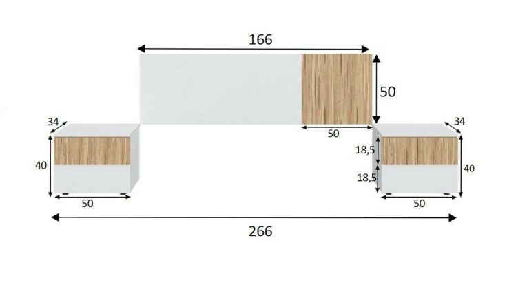 Testiera letto Yuma, Testata letto con 2 comodini, Set per camera da letto, 266x34h89 cm, Bianco e Rovere