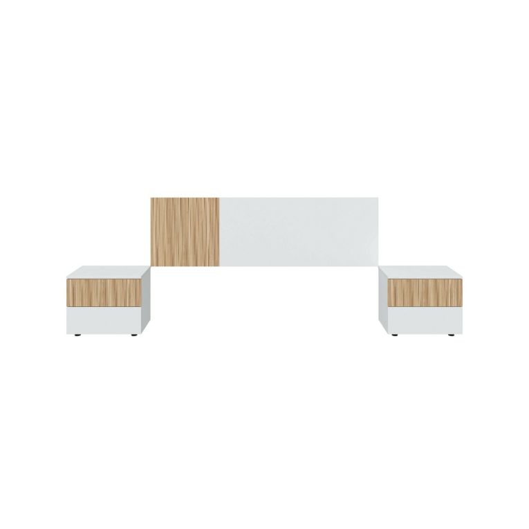 Testiera letto Yuma, Testata letto con 2 comodini, Set per camera da letto, 266x34h89 cm, Bianco e Rovere