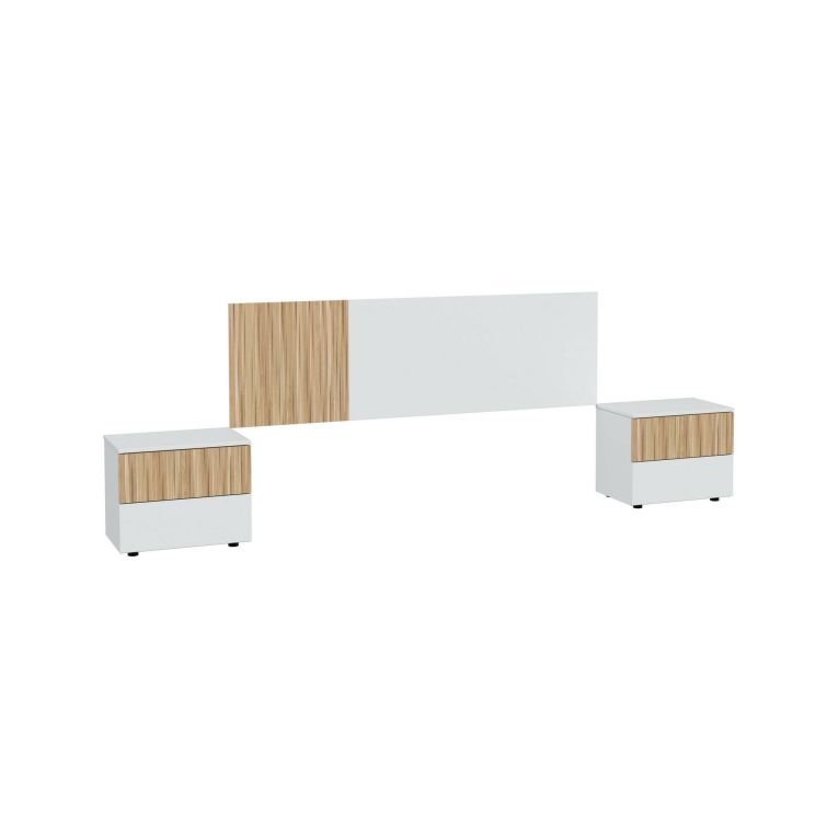 Testiera letto Yuma, Testata letto con 2 comodini, Set per camera da letto, 266x34h89 cm, Bianco e Rovere