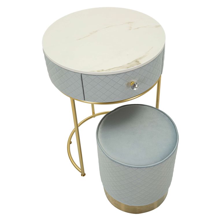 Toeletta Azzurro Celeste oro un Cassetto Rivestimento in Velluto Trapuntato 52x52x70h cm, Sfumatura Colore Struttura Celeste - Mbale
