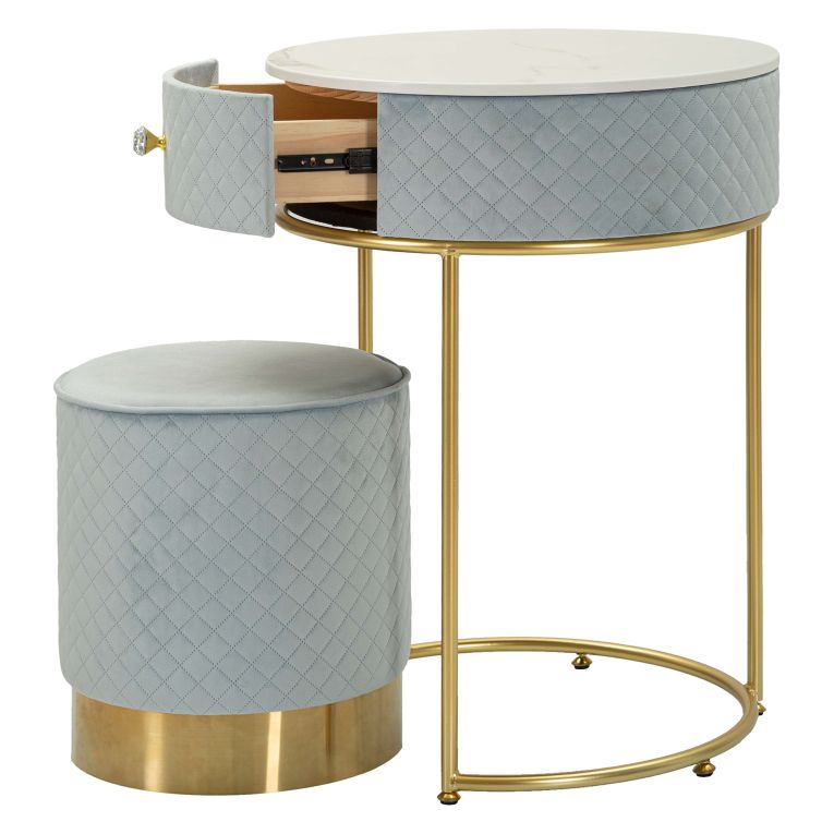 Toeletta Azzurro Celeste oro un Cassetto Rivestimento in Velluto Trapuntato 52x52x70h cm, Sfumatura Colore Struttura Celeste - Mbale