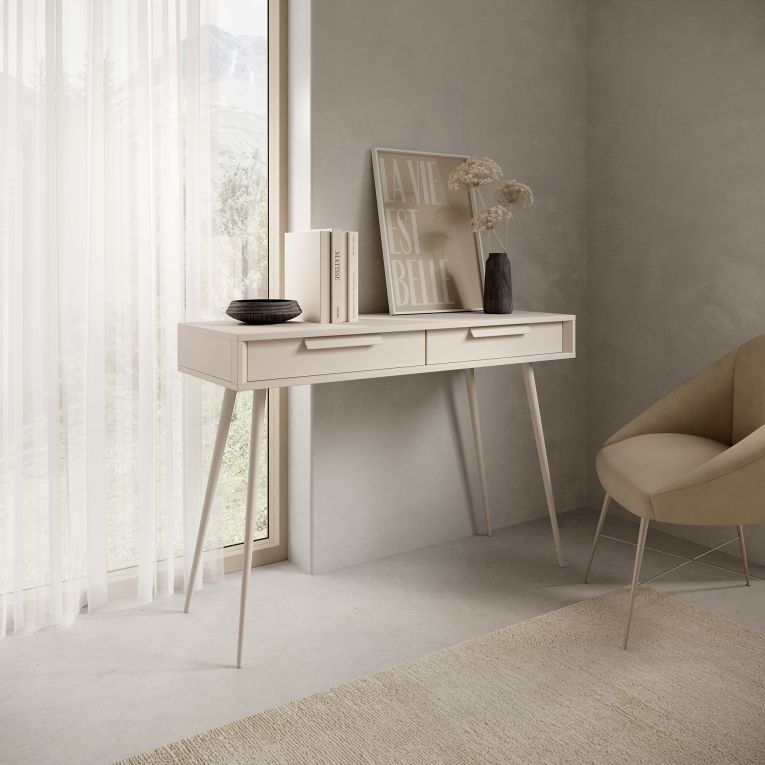 Toeletta Beige Cashmere 2 Cassetti Sfumatura Colore Ripiano Cashmere 187x40x52h cm, Materiale Struttura in Metallo - Katilaka