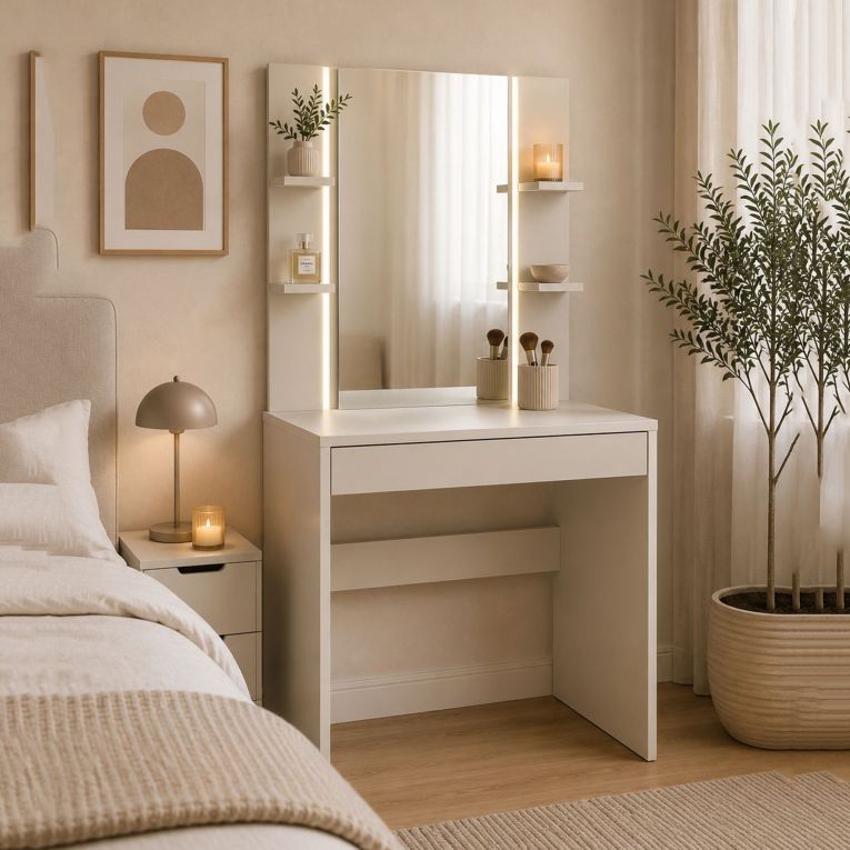 Toeletta Beige Chiaro Specchio Incluso un Cassetto 80x40x136h cm, Cassetto Effetto Liscio - Loga