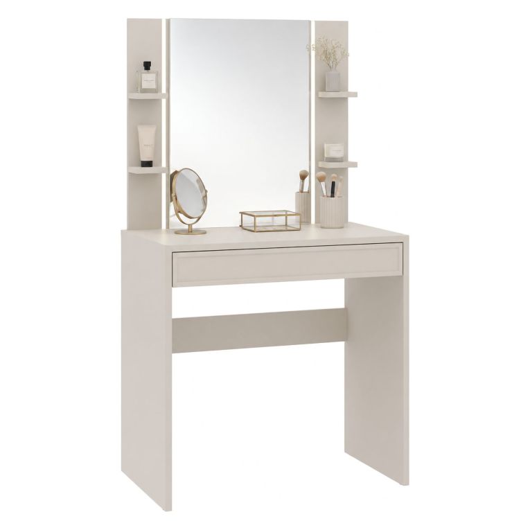Toeletta Beige Chiaro Specchio Incluso un Cassetto 80x40x136h cm, Cassetto Effetto Liscio - Loga