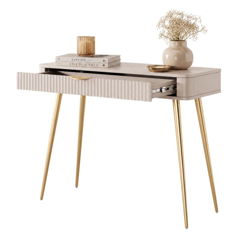 Toeletta Beige oro un Cassetto Materiale Struttura in Metallo 100x38x78h cm, Materiale Piano in Legno Nobilitato - Katerara