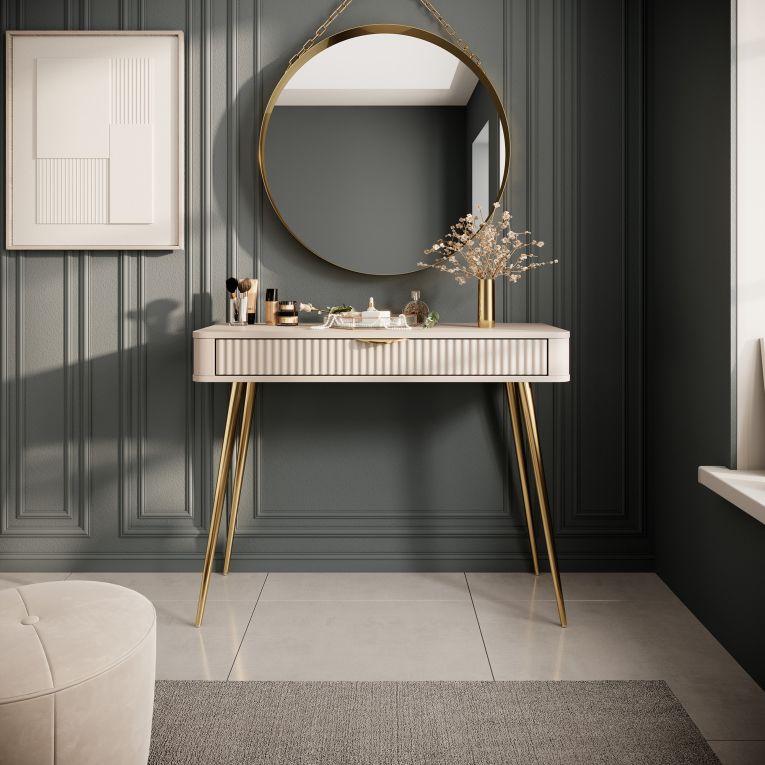 Toeletta Beige oro un Cassetto Materiale Struttura in Metallo 100x38x78h cm, Materiale Piano in Legno Nobilitato - Katerara